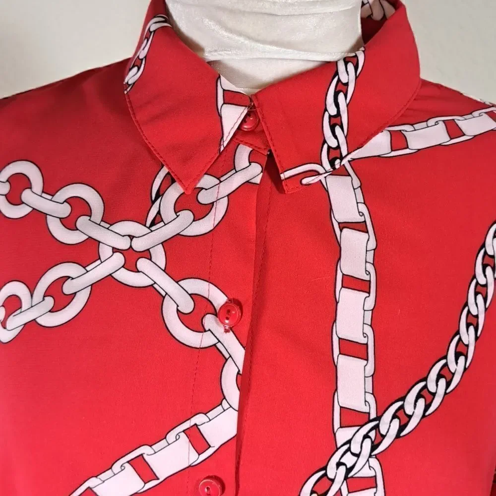 Susan Graver Women’s Size 10 Blouse Red White Chain Print Long Sleeve Top Tie Up